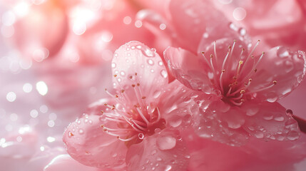 Fototapeta premium peach blossom, water, crystal clear, water droplets, give the skin a natural glow, dreamy feeling, ultra-clear, bright tones, overall tender pink, girly pink, girlish feeling, fresh, gentle, romantic,