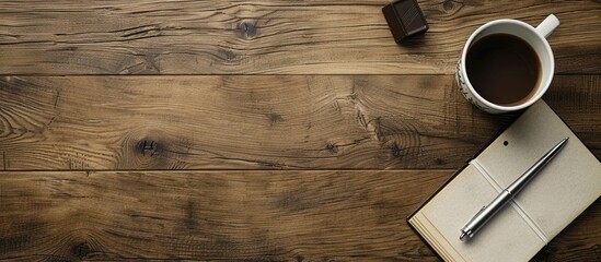 Timber floor with a cup of chocolate drinks pen and paper set against a plain background ideal for text or graphics in this copy space image