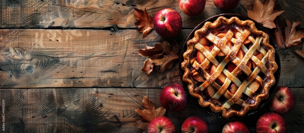 Aufkleber An image showing a classic autumn dessert of organic apple pie on a rustic wooden surface with space for text ideal for Thanksgiving. with copy space image. Place for adding text or design