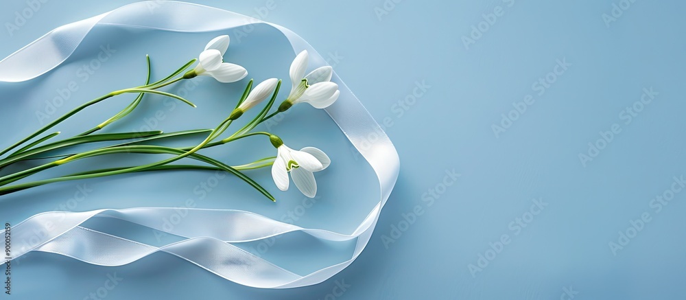 Poster Minimal festive concept featuring a composition of spring snowdrop flowers on a blue background embellished with a white ribbon in a flat lay style creating a tranquil copy space image