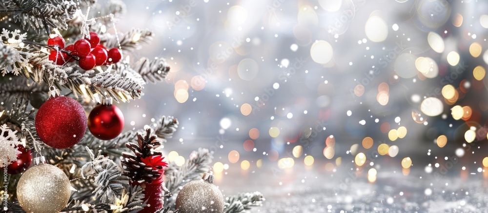 Poster festive christmas background with a tree and decorations on a silver backdrop in banner format featu