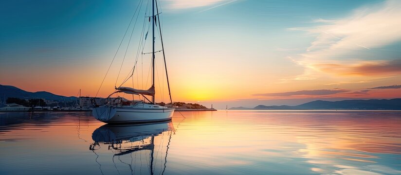 A sailboat at sunset in a harbor with a clear sky and empty space for text or images is depicted in the beautiful photo. with copy space image. Place for adding text or design - Powered by Adobe
