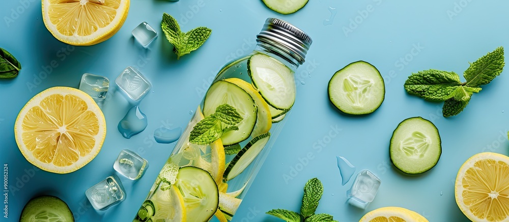Fototapete top view of a glass bottle filled with detox infused water containing lemon cucumber and mint set on