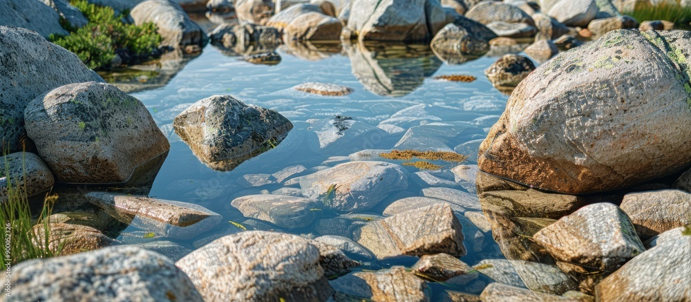 Poster rocks made of granite scattered in the water creating a picturesque scene with copy space image