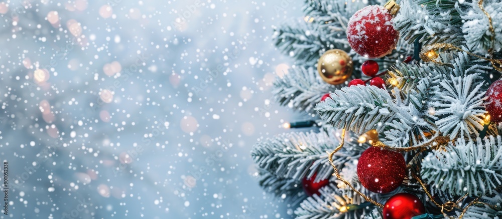 Poster festive christmas background with a tree and decorations on a silver backdrop in banner format featu