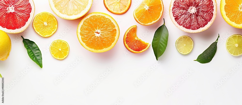 Poster a flat layout on a white background featuring a variety of fresh cut citrus fruits on the left side 