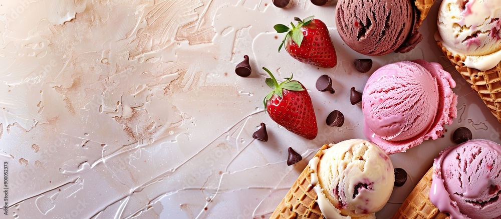 Aufkleber Ice cream cones displaying an assortment of flavors such as chocolate vanilla and strawberry with a blank space for adding images. with copy space image. Place for adding text or design