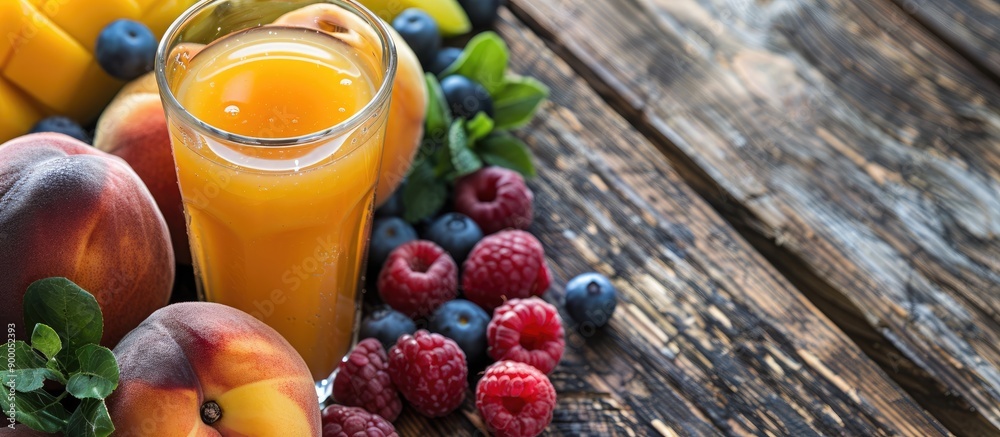 Poster wooden table showcasing a glass of peach juice and assorted fresh fruits offering plenty of room for