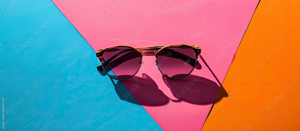 Poster Stylish sunglasses displayed on a simple vibrant background with ample copy space image