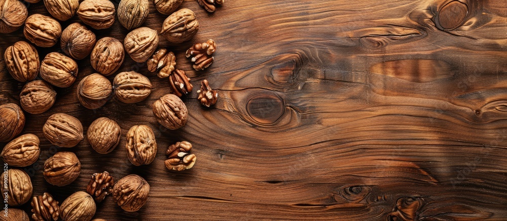 Leinwandbilder walnut kernels arranged on a wooden board with ample copy space image available
