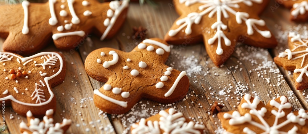 Poster close up of various decorated gingerbread cookies on a wooden surface set against a festive christma