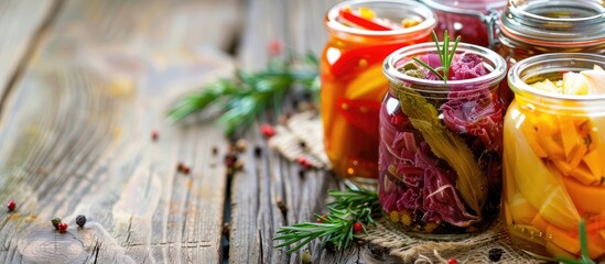Preserved vegetables in jars for winter with selective focus on food items with copy space image