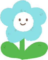 A simple drawing of a blue flower with a white face and green stem