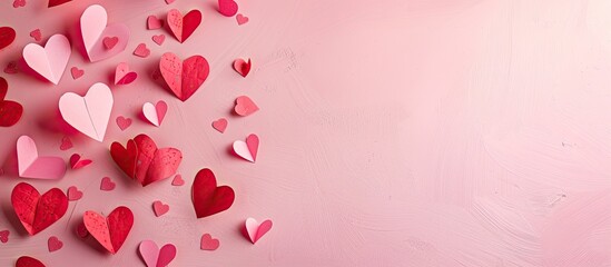 Valentine s Day celebration depicted in a composition featuring paper hearts on a pink background...