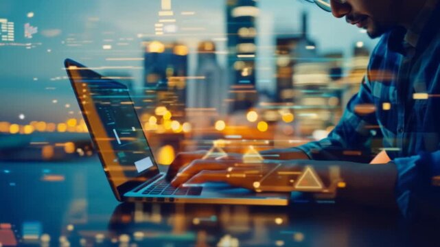 A man is typing on a laptop in front of a city skyline. Concept of modernity and technology, as the man is using a laptop in a busy urban environment. The bright lights of the city