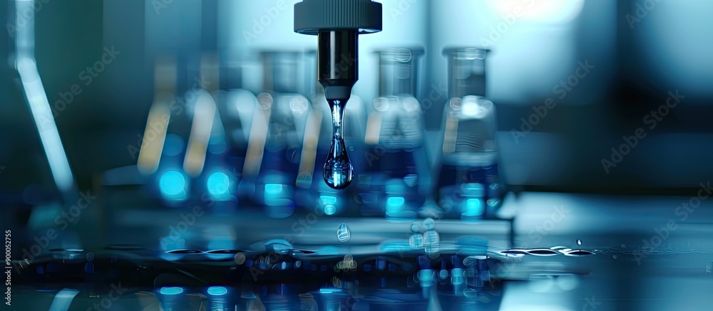 Aufkleber Focused on a blue liquid drop dripped from a pipette into a test tube on a tripod depicting a chemical experiment in a lab setting with a copy space image