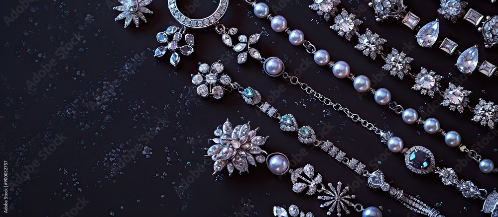Poster A variety of classy jewelry displayed from above against a black backdrop with room for text in the copy space image
