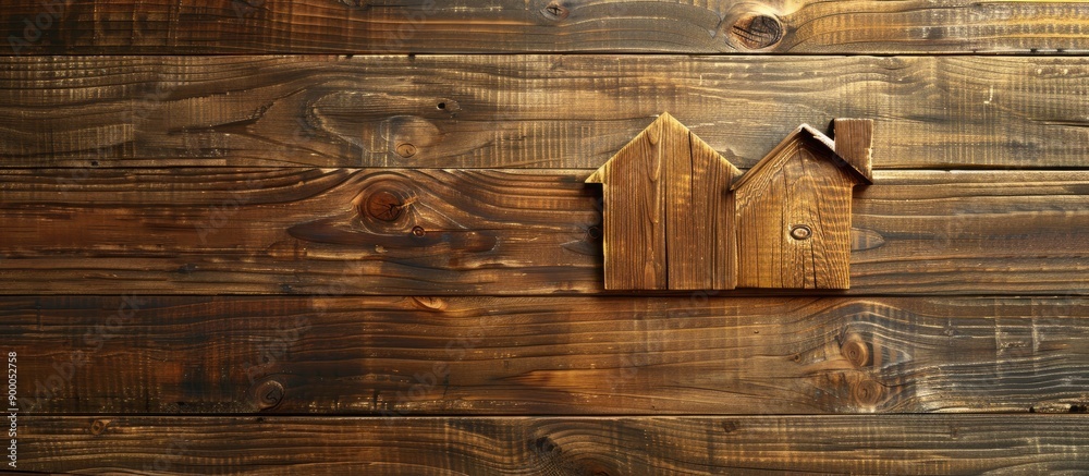 Poster top view of a wooden house model on a wooden backdrop with ample copy space image ideal for illustra