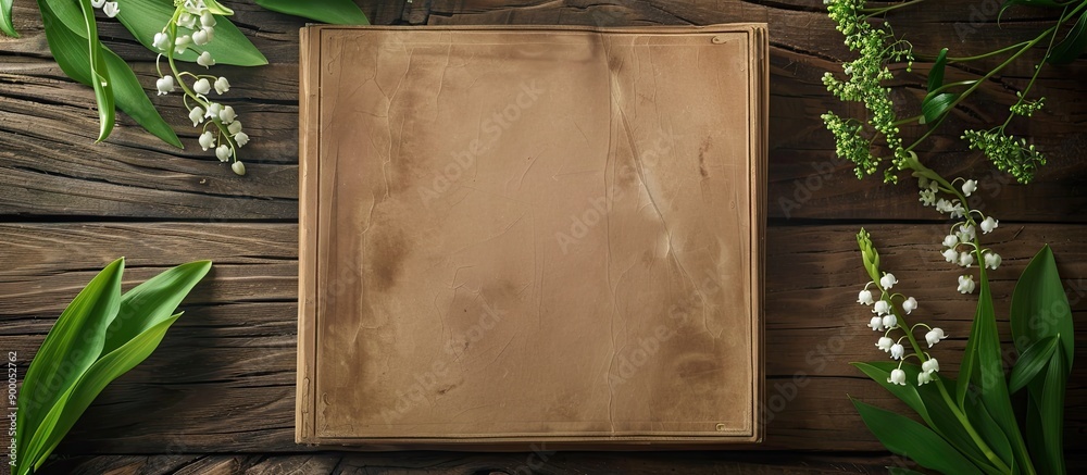 Aufkleber vintage style top view mockup featuring a notebook and lily of the valley with ample copy space for 