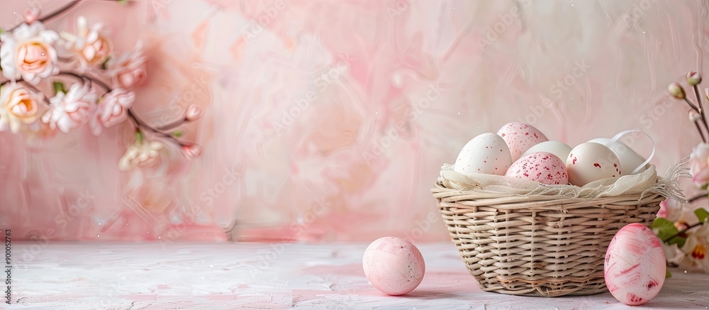 Aufkleber Basket with painted Easter eggs and flowers displayed in front of a soft pink backdrop with blank space for additional imagery a copy space image