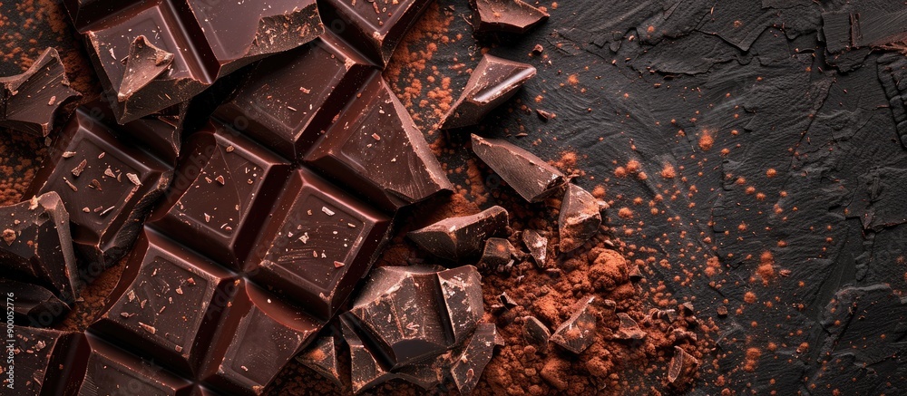 Poster Dark background with broken chocolate pieces and cocoa powder creating a visually appealing copy space image