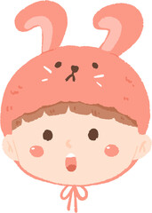 A cute cartoon illustration of a child wearing a pink bunny hat with a surprised expression on their face.