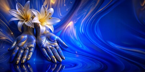 Fototapeta premium Lilies on reflective hands mixed with an abstract blue liquid marble background.