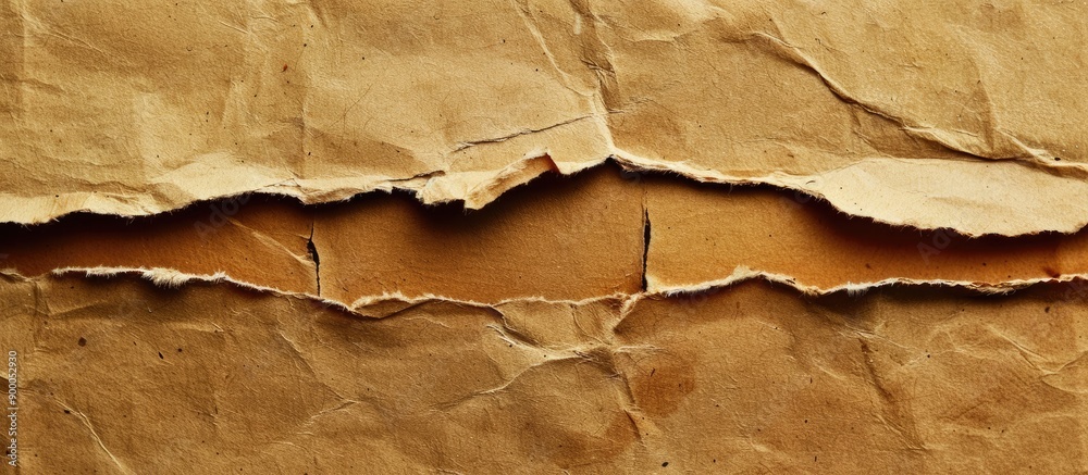 Poster close up view of a textured yellow brown crusted cardboard with torn edges suitable as a background 