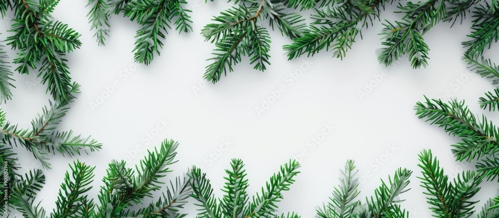 Poster Top view of green fir branches creating a Christmas background on a white backdrop with a frame and copy space image