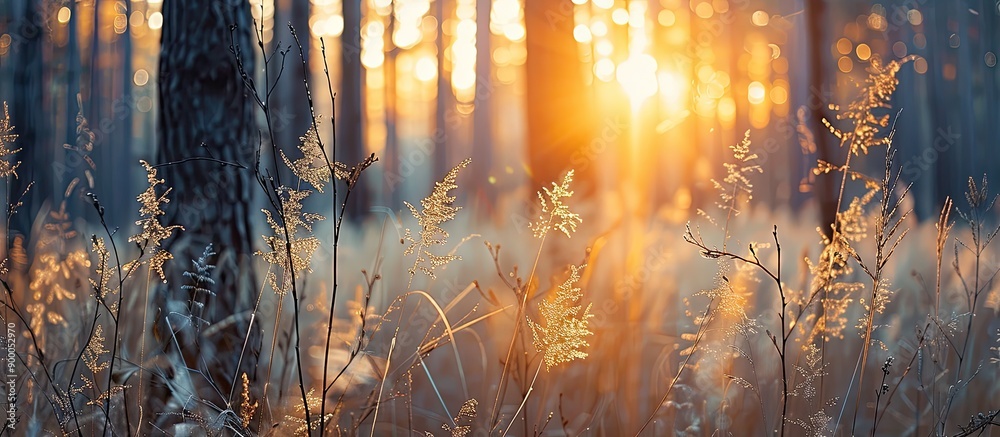 Aufkleber sunset in a forest with autumn s dry grasses creating a blurred nature background perfect for a copy