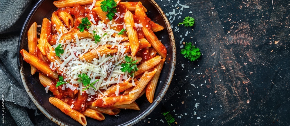 Leinwandbilder top down view of homemade penne alla vodka made with leftover sauce garnished with cheese and parsle