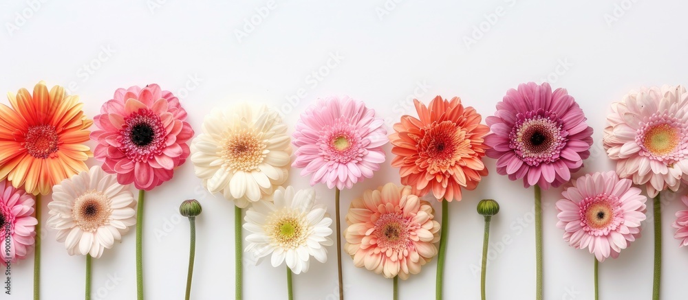 Aufkleber Pastel gerbera flowers arranged in a frame on a white background for a flat lay view with space for text or images. with copy space image. Place for adding text or design