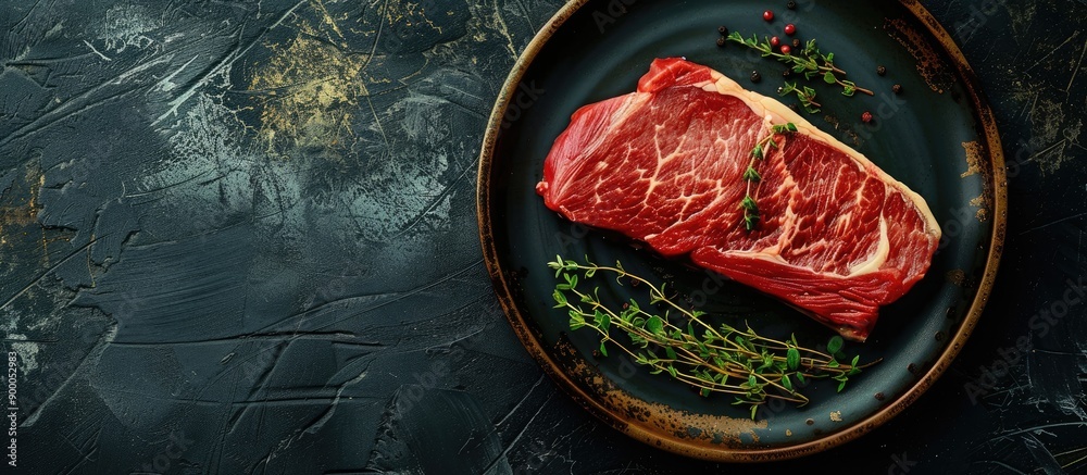 Aufkleber Top view of a fresh raw Denver or top blade steak served on a rustic plate with thyme against a dark backdrop with room for a text or image to be inserted. with copy space image
