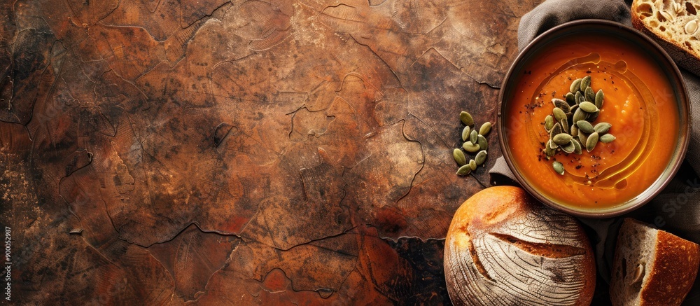 Aufkleber Top down view of a rustic bread roasted pumpkin seeds and homemade pumpkin puree soup over a textured brown surface with a clear area for adding more details like a copy space image