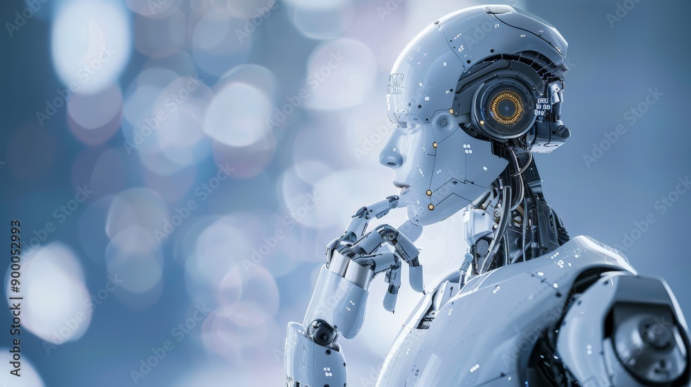 Aufkleber Sophisticated robot in blue-toned environment, contemplating with bokeh lights. Symbolizes future of AI and technology.
