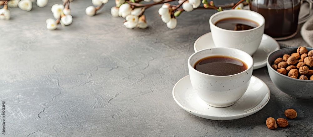 Leinwandbilder coffee cups and a plate of fried nuts are displayed on the table with copy space image