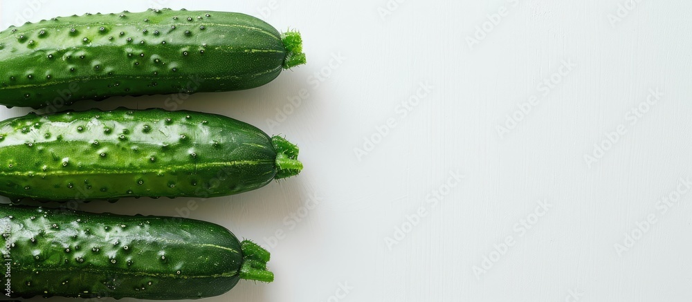 Poster horizontal top down view of cucumber on white background with ample copy space image