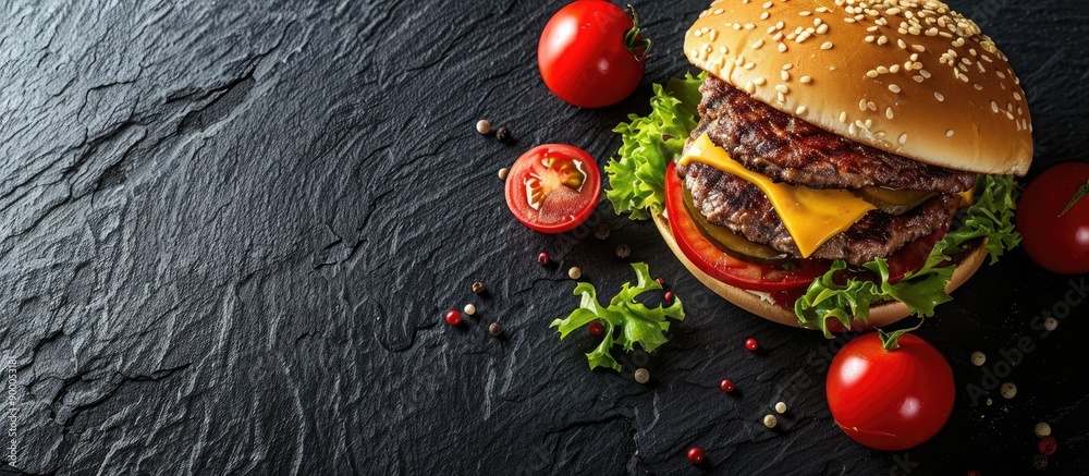 Poster Gourmet hamburger displayed on a black background with available copy space image