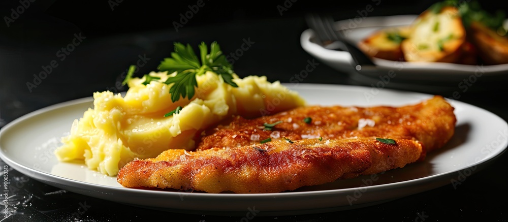 Leinwandbilder Escalope and mashed potatoes on a white plate set against a black background creating a striking copy space image