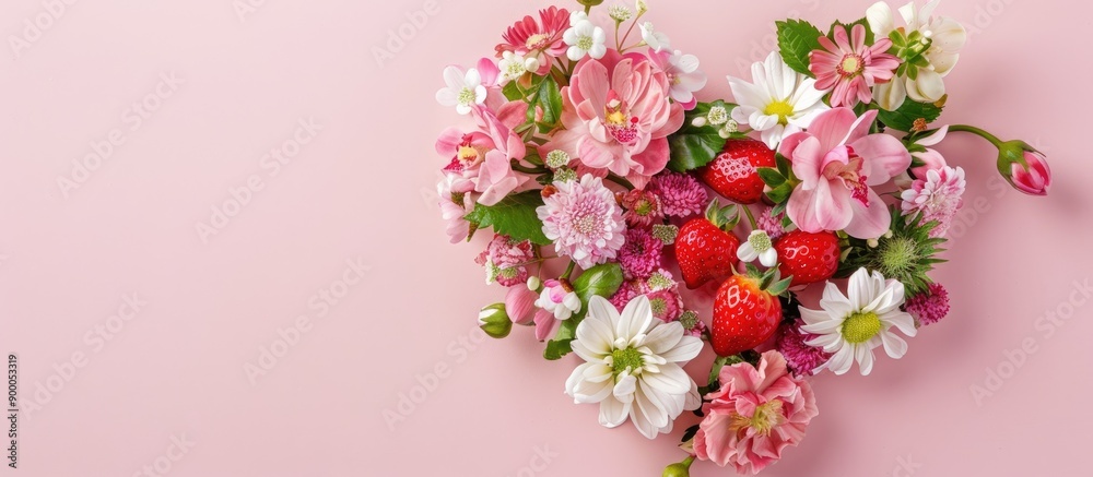 Poster Top view of a heart shaped arrangement featuring pink and white flowers along with a strawberry set against a pastel pink backdrop creating a festive concept with copy space image