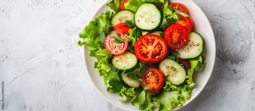 Leinwandbilder a top down view of a fresh vegetable salad containing tomatoes lettuce and cucumbers displayed on a 
