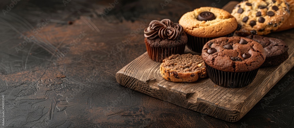 Aufkleber displaying chocolate cookies a cupcake and raisin bread on a wooden board with copy space image