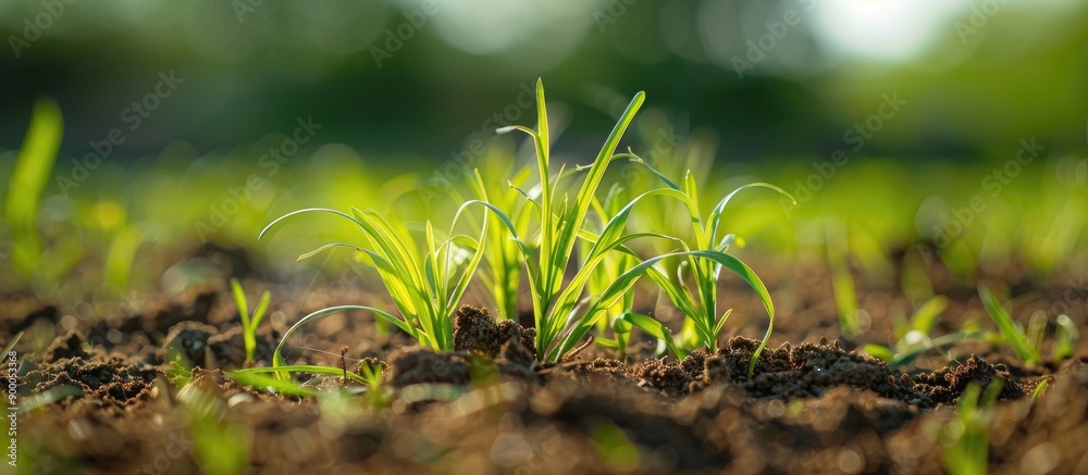 Poster Close up photo of Panic grass or Panicum on the ground shot with natural light highlighting selective focus. with copy space image. Place for adding text or design