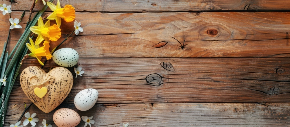 Aufkleber heart daffodil and easter eggs arranged on wooden surface with copy space image