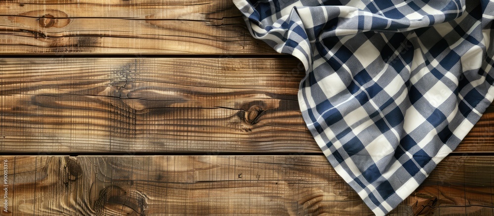 Aufkleber Top view of a wooden table covered with a checkered tablecloth providing space for text in the image. with copy space image. Place for adding text or design