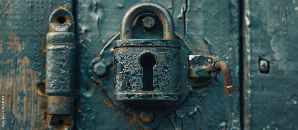 Poster close up of an antique iron padlock mounted on a metal door creating copy space within the image