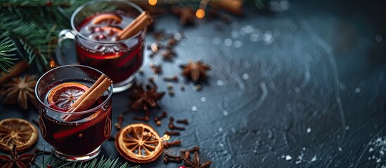 Selective focus on a dark backdrop enhances the festive atmosphere of mulled wine complemented by aromatic spices and cinnamon stars leaving room for a copy space image