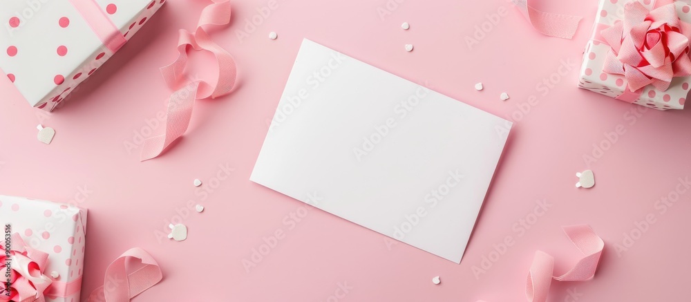 Aufkleber Top view of white blank greeting card on pink paper background with gift box bow and pink ribbon with polka dots creating a copy space image