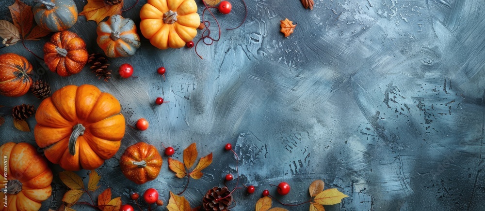 Poster a fall themed backdrop featuring pumpkins leaves and decorations on a textured table from a top down
