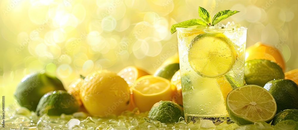 Fototapete a refreshing glass of homemade lemonade with lemons and limes on the side set against a background w